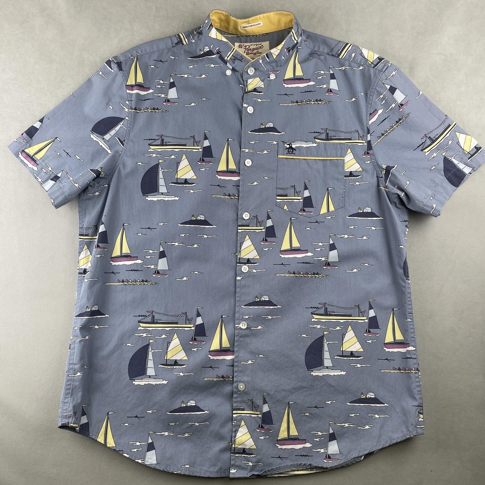 Original Penguin Shirt Mens L Blue Sailboat Custom Band Collar Heritage Slim Fit